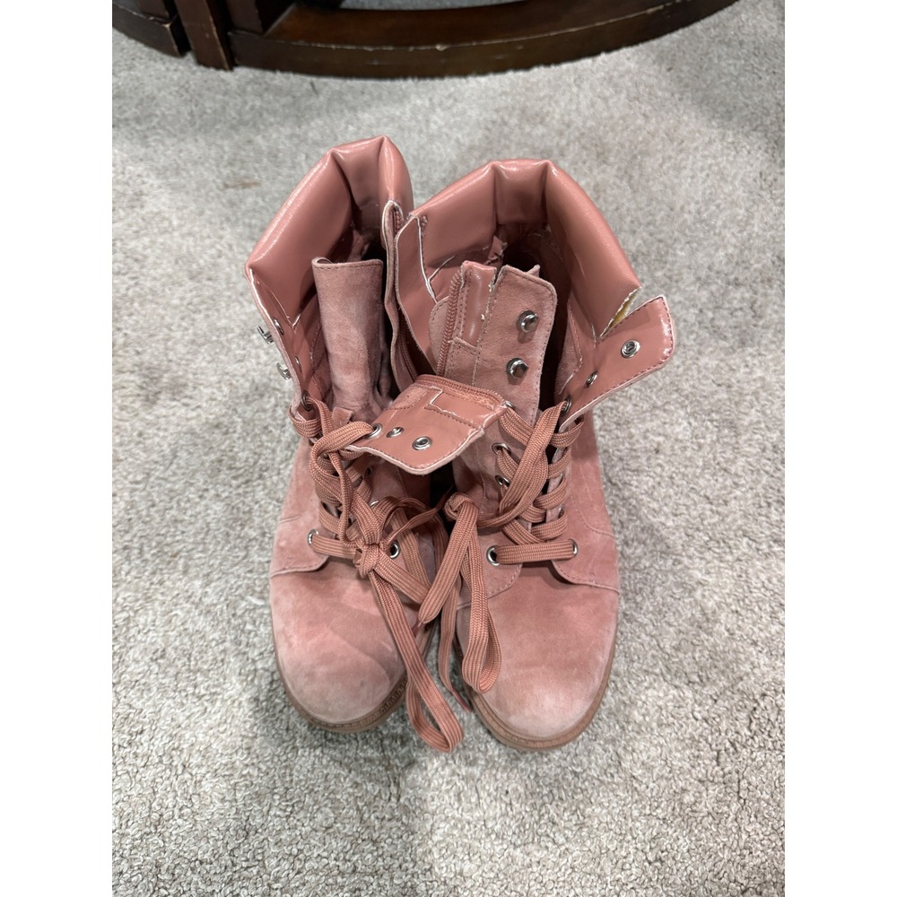 Vince Camuto Pink Suede Lace Up Combat Boots Side Zip Lug Sole Block Heel 6W